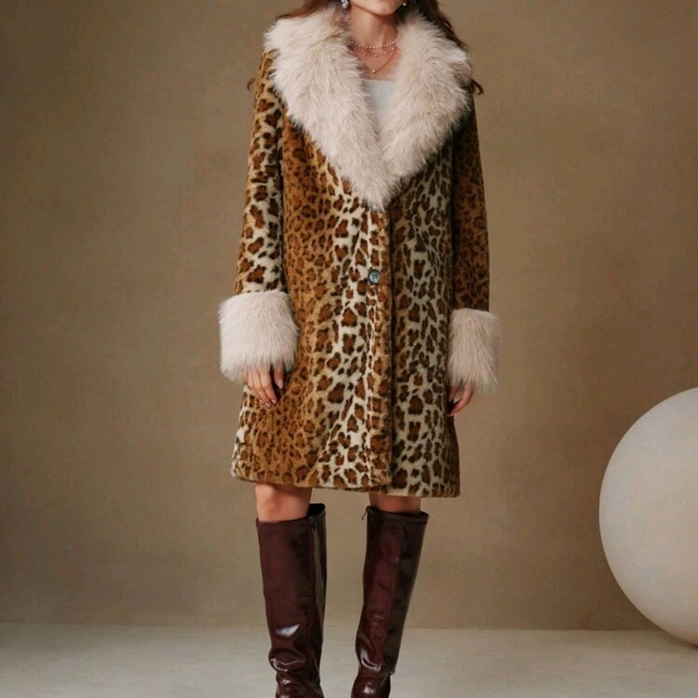 Faux Fur Leopard Print Fluffy Trim A-Line Waist Long Women's Coat - Picture 3 of 9